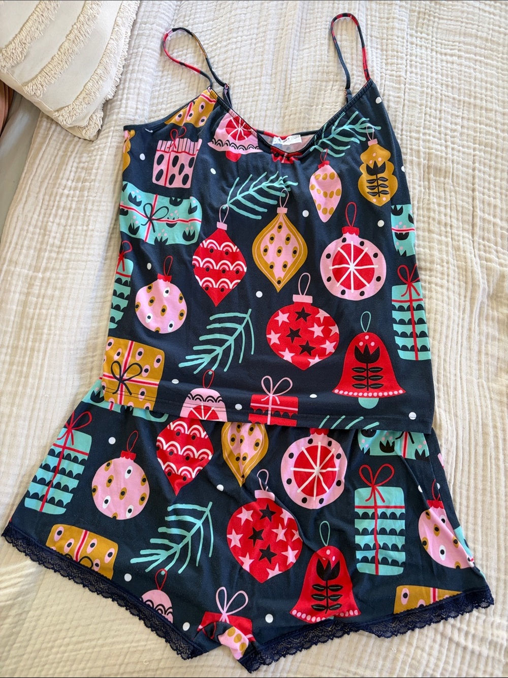 Breakfast for Dinner Plus-Size Holiday Print Top - Navy with Red & Mint